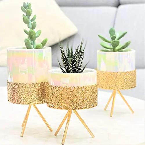 GLOSSY WHITE MARBLE CERAMIC POT PLANTER SPARKLES